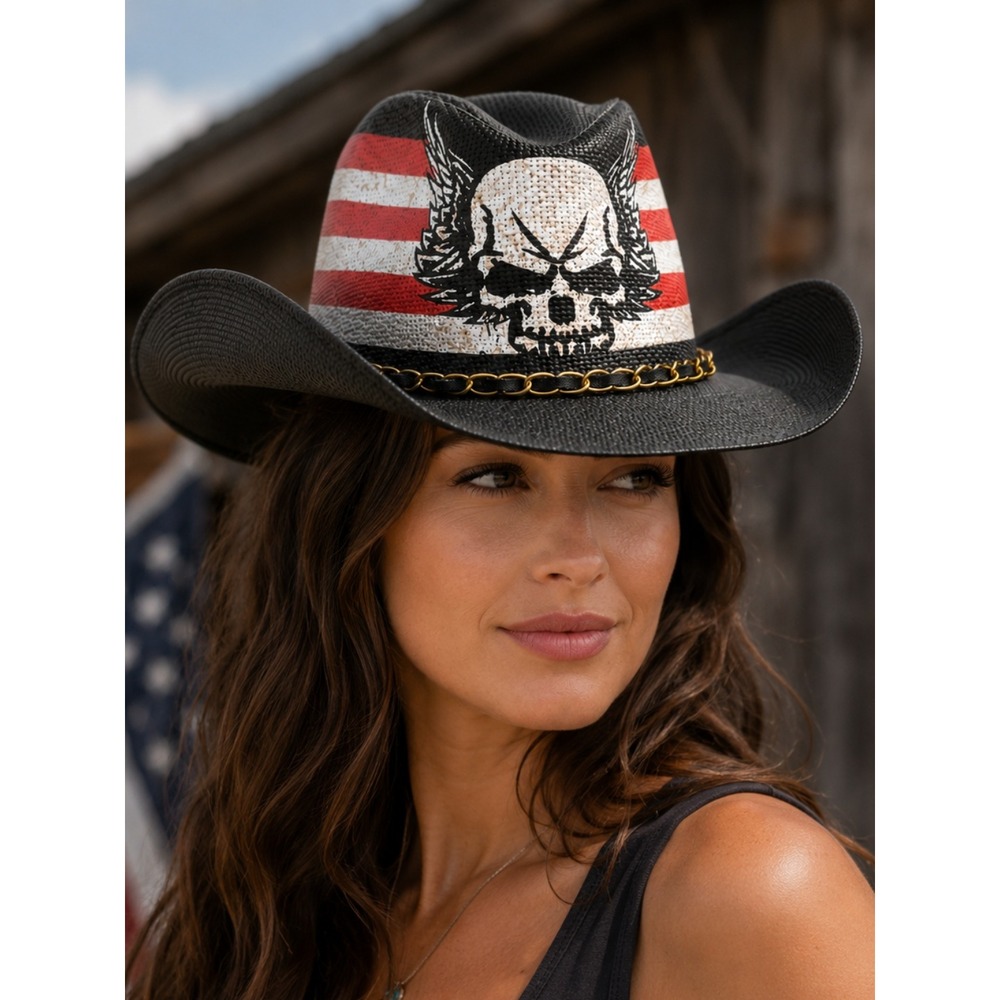 USA Flag Skull Wing Toyo Black Western Cowboy Hat Gold Chain Band Shapeable Brim